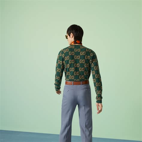 Maglione in jacquard di lana GG in nero e verde 